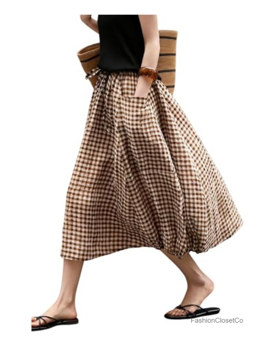 Vintage Plaid A-Line Midi Skirt with Pockets